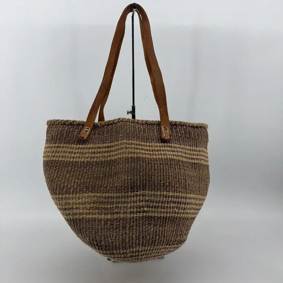 Vtg Woven Sisal Market Tote Bucket Leather Straps Beach Bag Ethnic Boho African - Picture 2 of 13